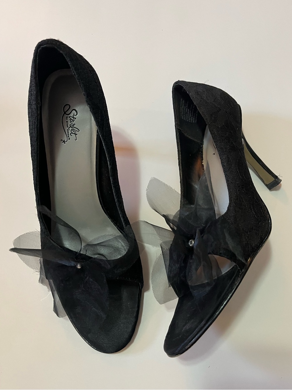 Starlet by Star Jones Laced Peep Heels with Tulle Bow